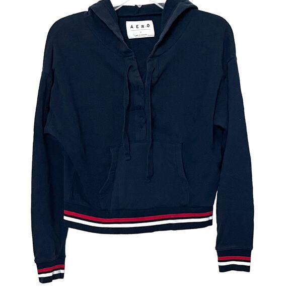 AERO LONG SLEEVE HOODIE SWEATSHIRT, WOMENS, S, NAVY BLUE RED WHITE, FRONT TIE - Picture 1 of 10